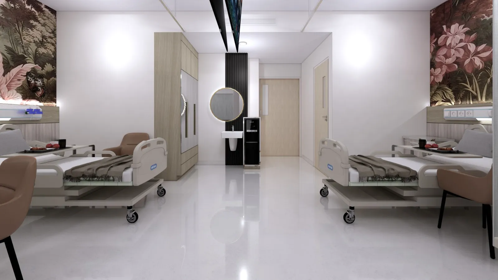 Ruang terapi dua bed dengan area wastafel dan panel medis